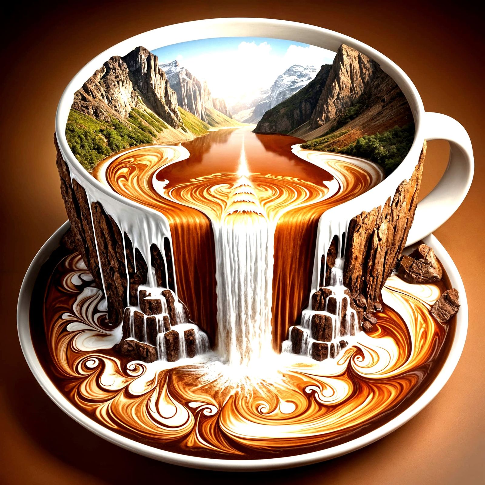 Coffee Cup Waterfall with Latte Art Lake