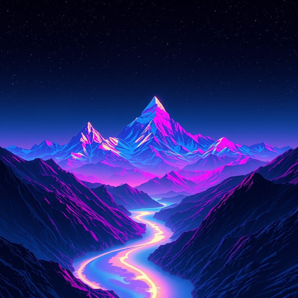 Cyberpunk Mountains Under Neon River