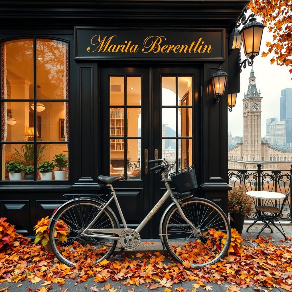 Quaint Café with Autumn Leaves and Cityscape