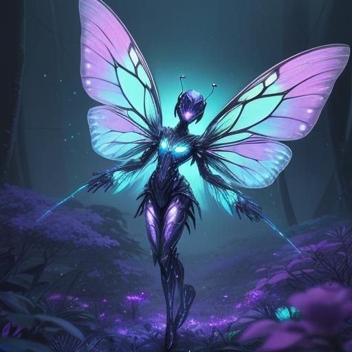 Bioluminescent Alien Butterfly in Iridescent Forest