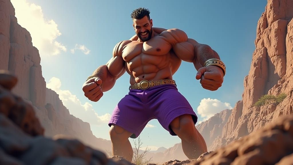 Colossal Hispanic Titan Flexing in Fantasy Landscape