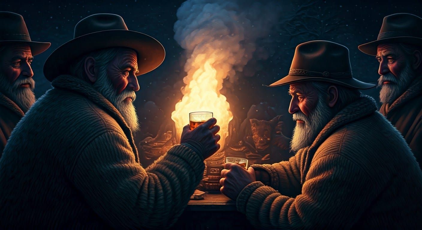 Rustic Farmers Raise Whisky Glasses in a Midwinter Night's B...