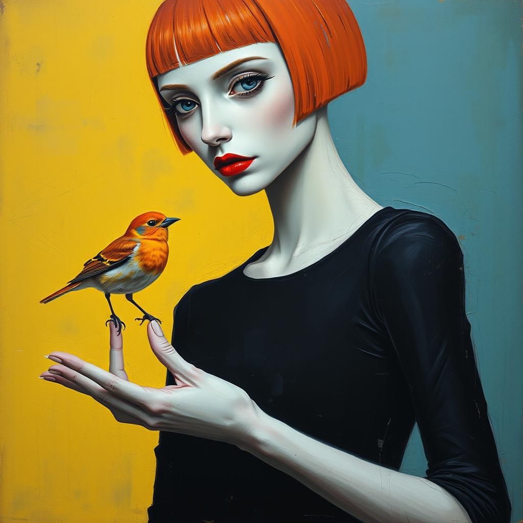 Beksiński Style Woman with Bird and Orange Hair