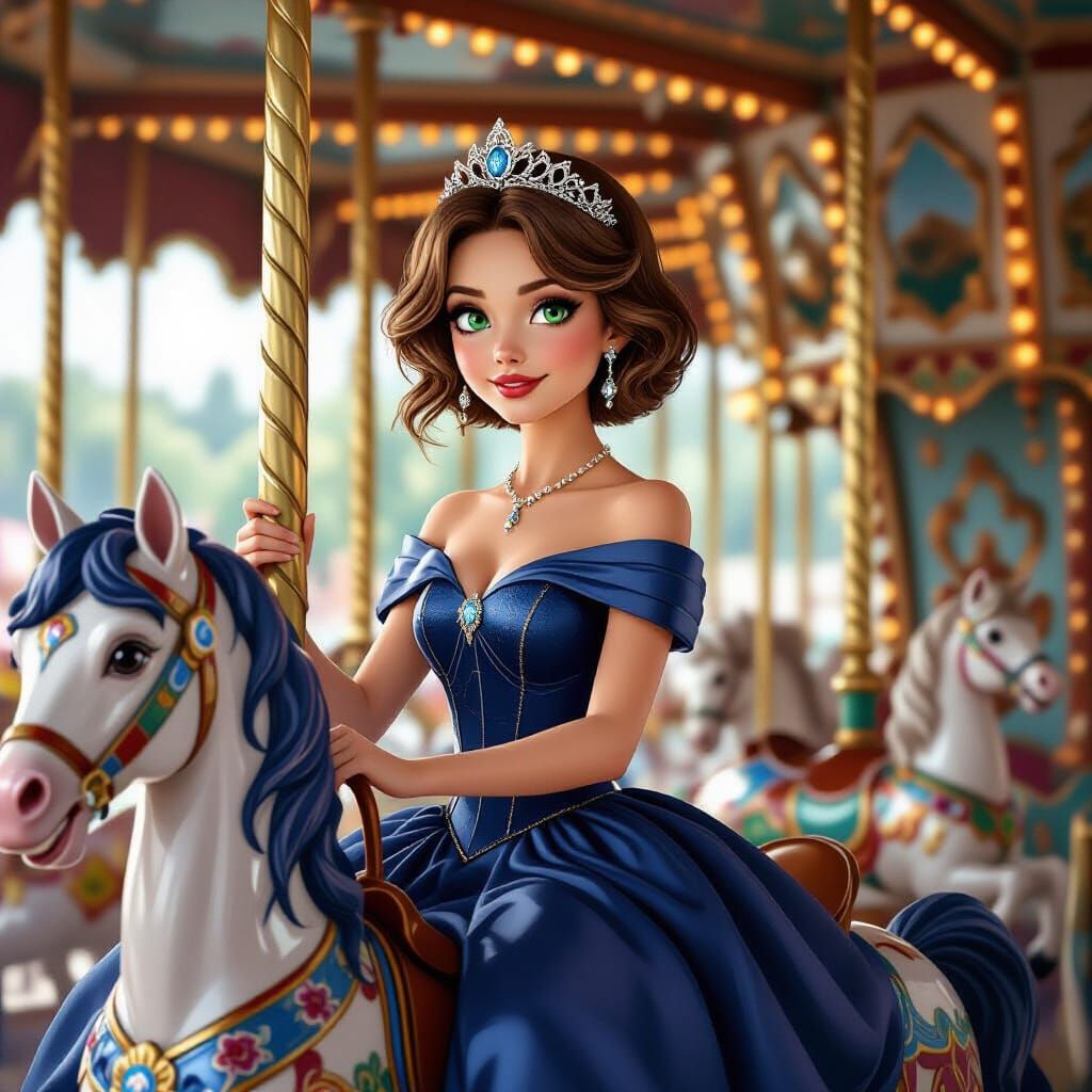 Princess Rides Carousel in Sapphire Gown