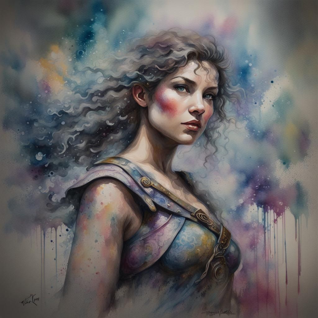 Ethereal Female Warrior in Watercolour Graffiti Art