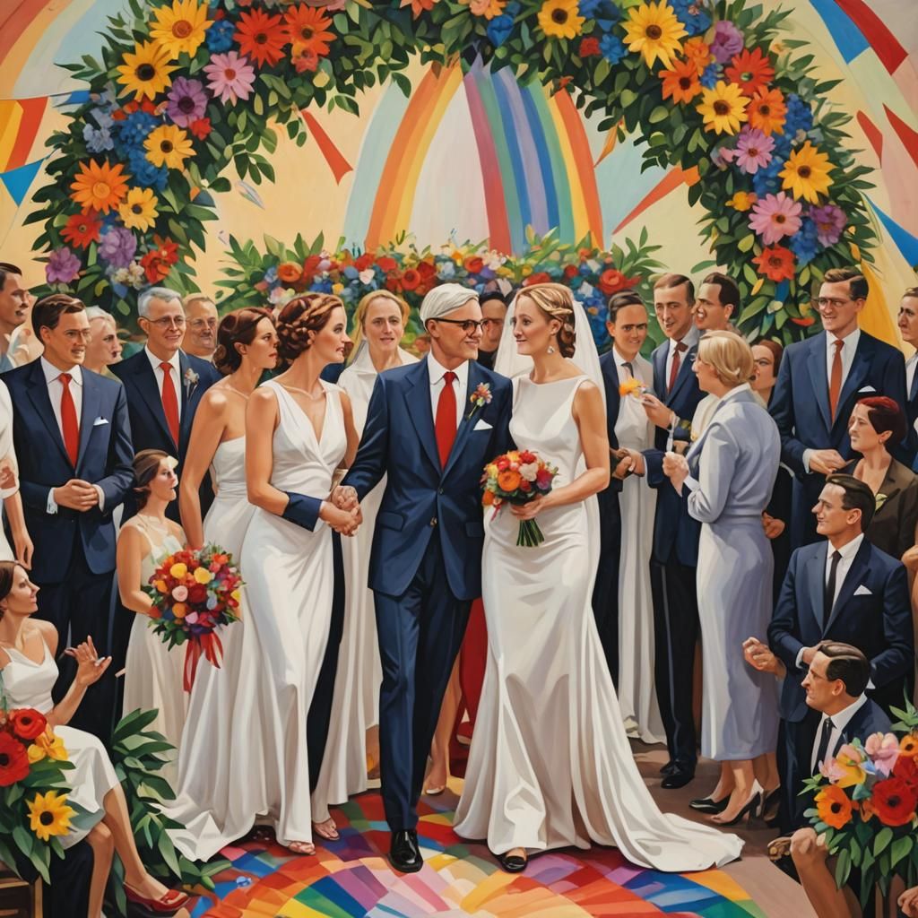 Art by Tamara de Lempicka, David Hockney, a vibrant lesbian wedding ceremony under a rainbow floral arch, one bride in a...