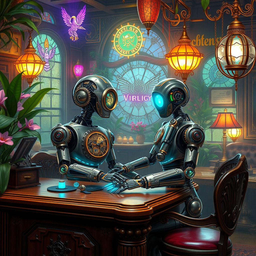 Steampunk Automaton Counts Votes in Dreamlike Cafe