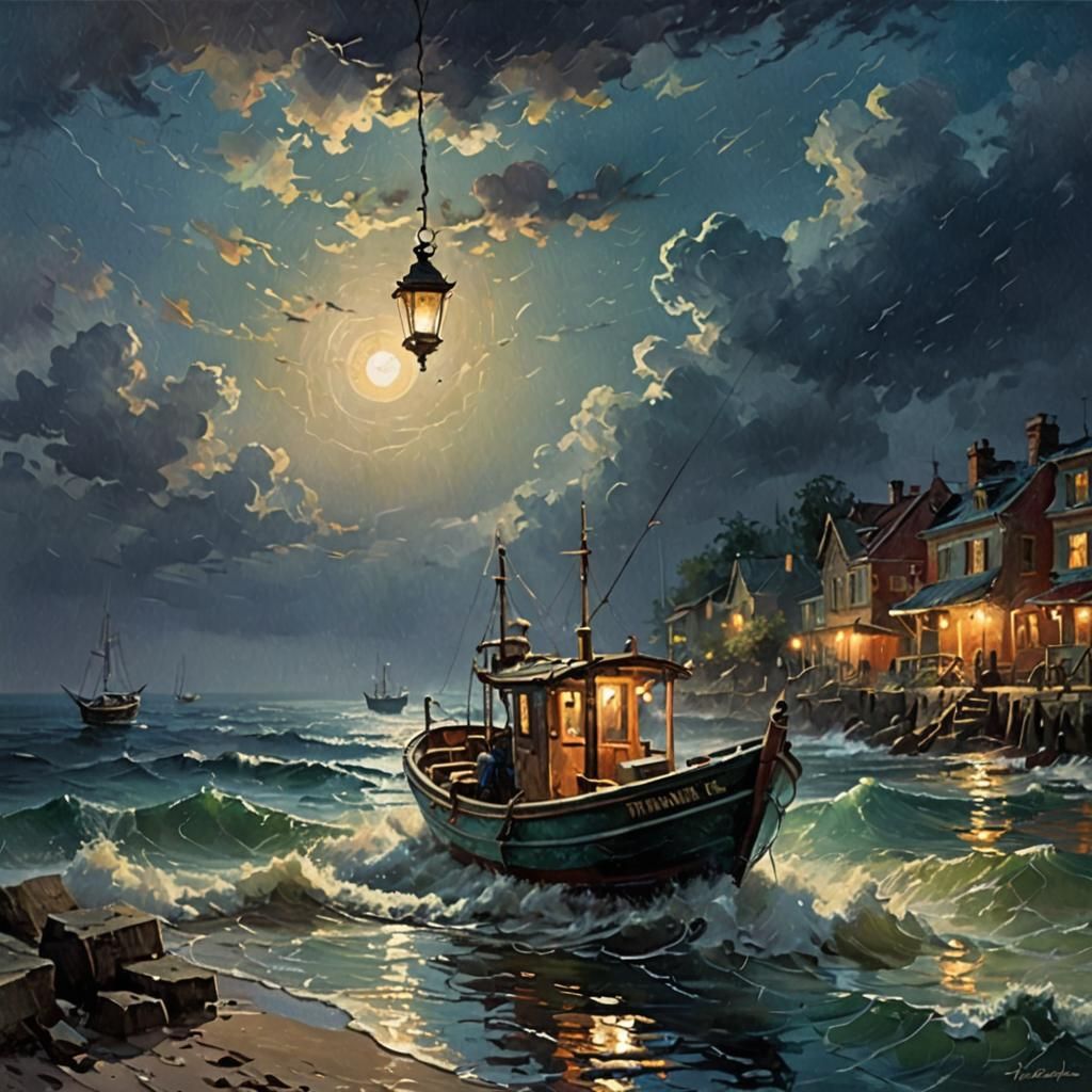 Fishing Boat in Storm: Romantic Pastel Painting