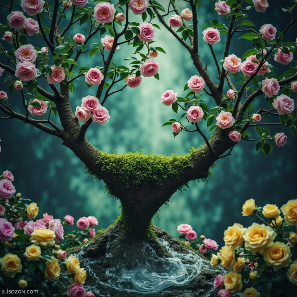 Surreal Spring Tree with Blossoms and Mist