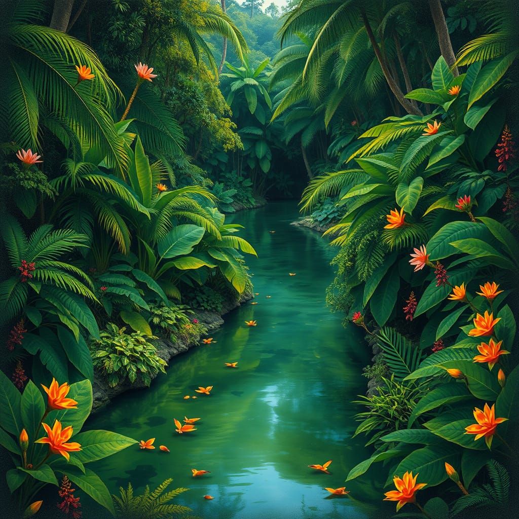 Tropical Jungle River in Vibrant Colors