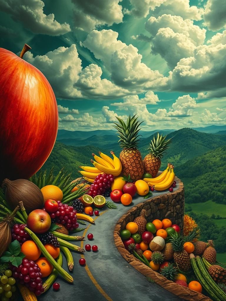 Surreal Fruit and Vegetable Landscape, Impasto Oil Painting
