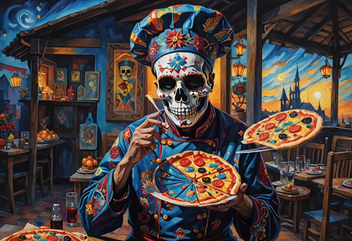 Cubist Death Chef with Pizza and Tarot Card