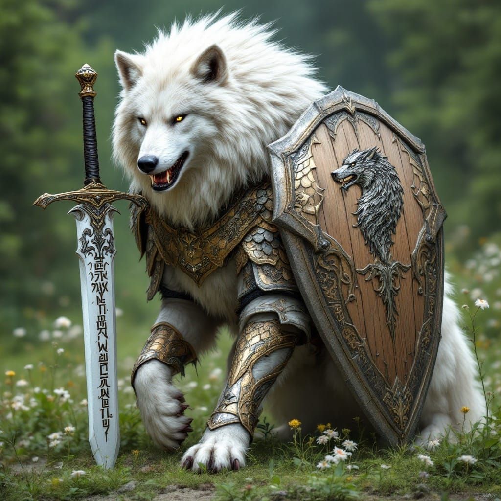 Majestic White Wolf Wears Dragon Scale Armor in Norse-Inspir...