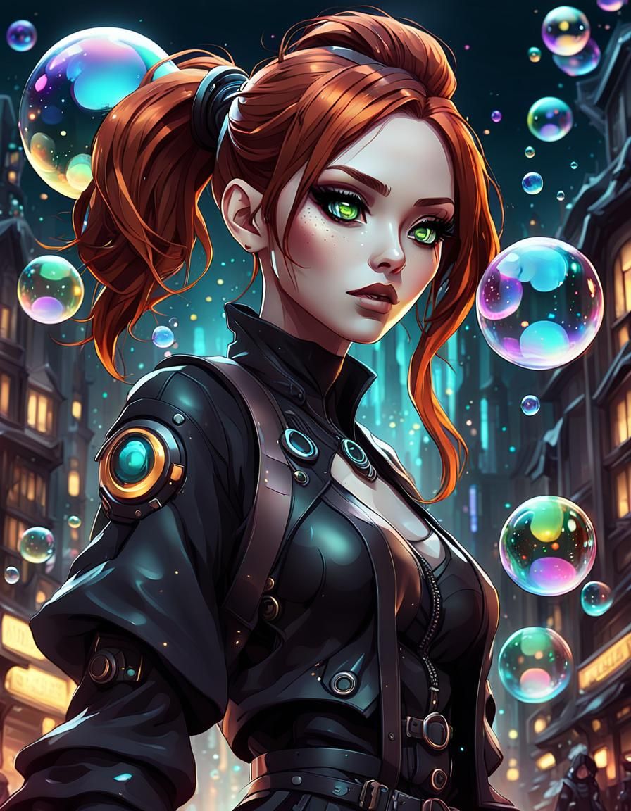 Anime Villain in Futuristic City with Iridescent Bubbles