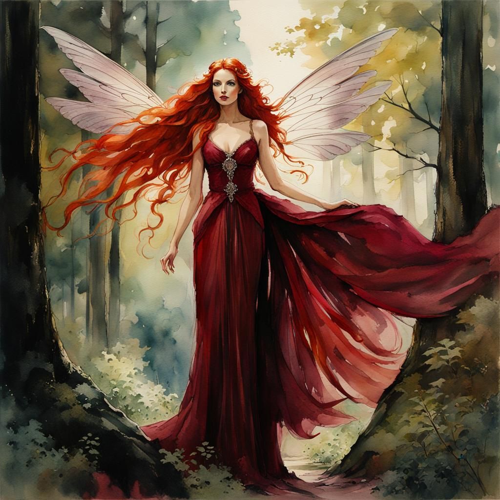 Goddess-Like Fairy in Enchanted Forest, Watercolor and Ink