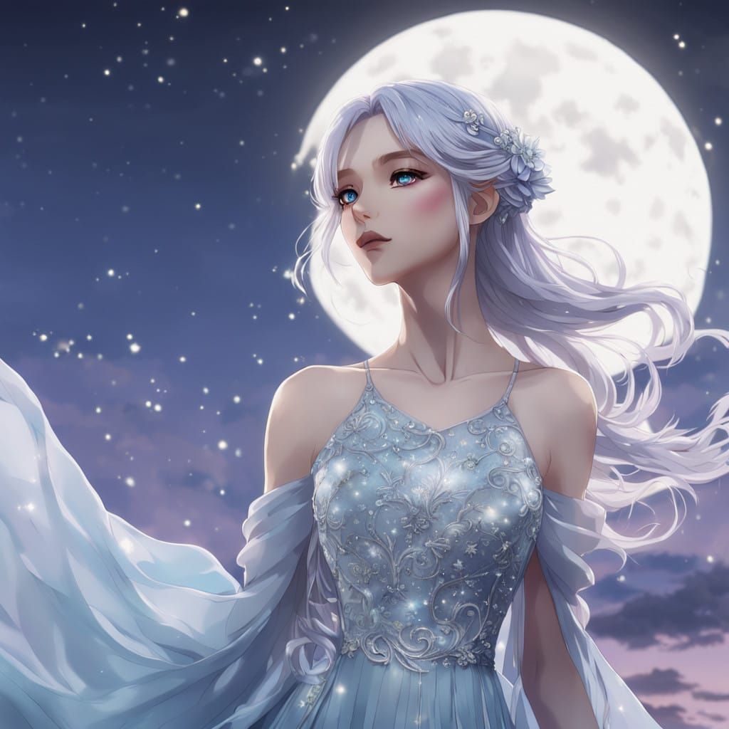 Serene Anime Goddess Radiates Peaceful Moonlight Elegance