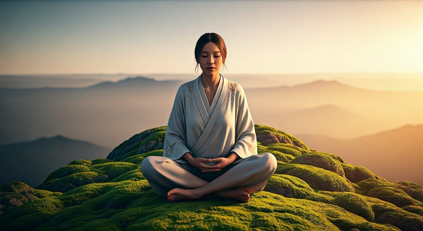 Serene Woman on Misty Mountain Peak