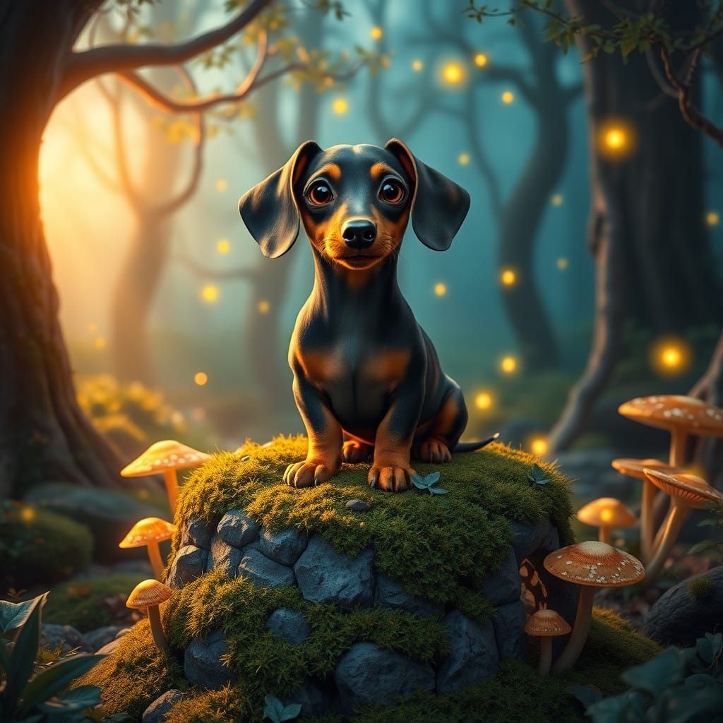 Whimsical Dachshund in Dreamlike Forest