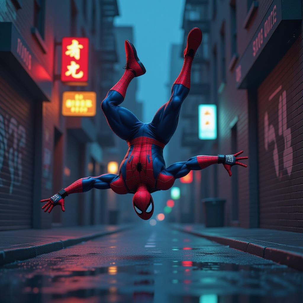 Spiderman Backflips Over Thug in Dark Alleyway