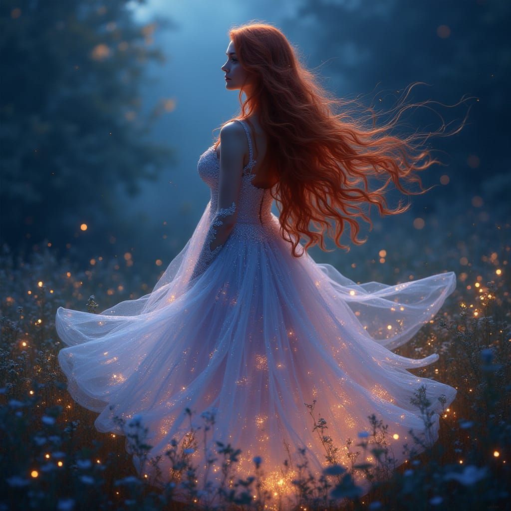 Ethereal Beauty in Starlight Gown, Oil-on-Canvas Painting