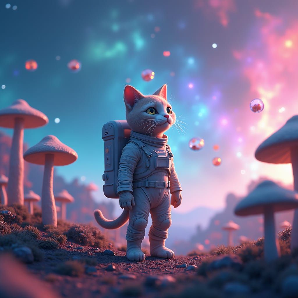 Pixar-Style Cat Astronaut Explores Ethereal Alien Planet