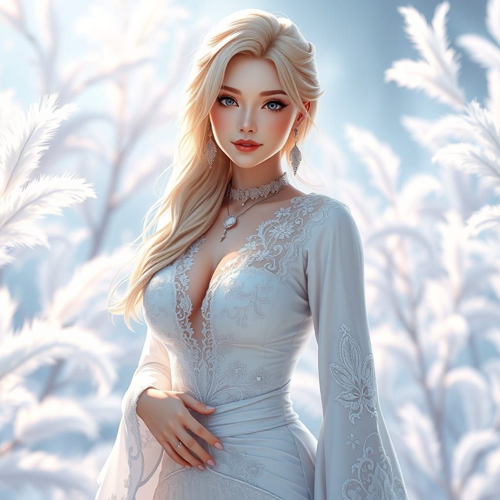 Elegant Blonde Woman in a Lace Wedding Gown