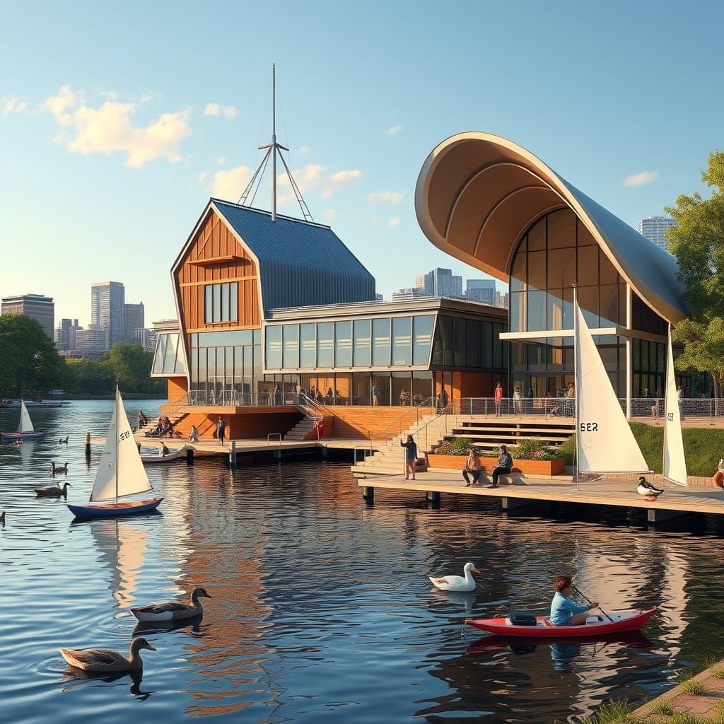 Boston Scene with Modern Boat House and Teaching Center