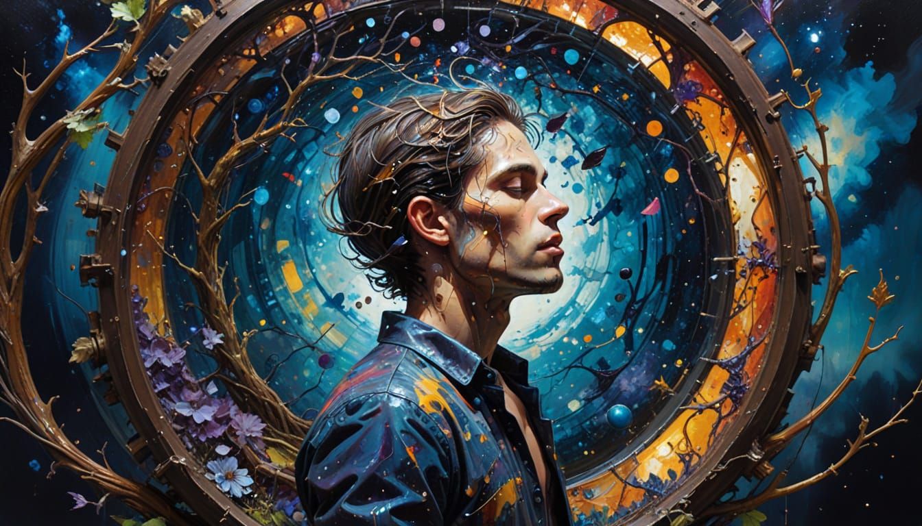 Floating Figure in Vibrant Glass Sphere Amidst Swirling Nebu...