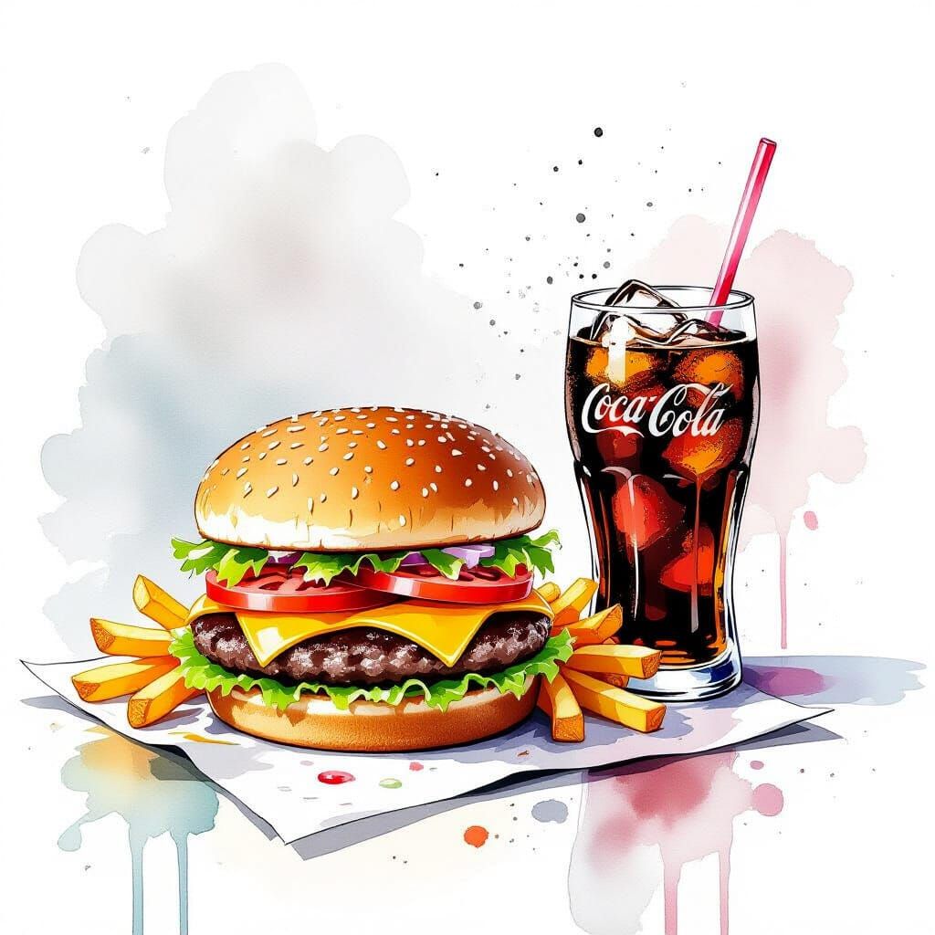 Abstract Ink Sketch: Burger, Fries, and Coke