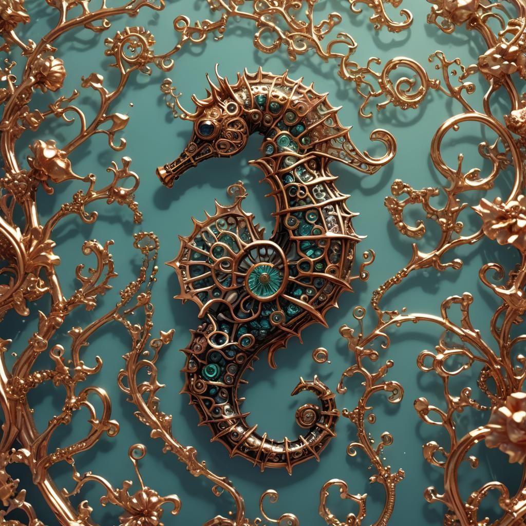Intricate Copper Seahorse Shimmers as 3D Anime Art