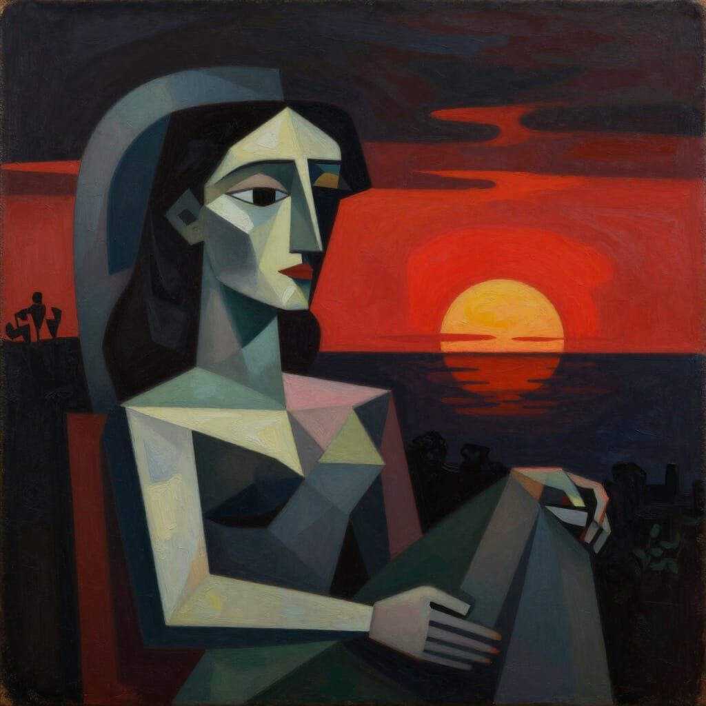 Crimson Sunrise Bleeds Into Darkness Cubist Painting