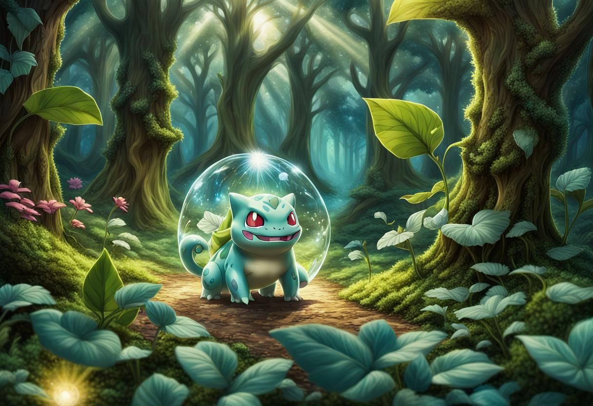 Bulbasaur in a Magical Bioluminescent Forest