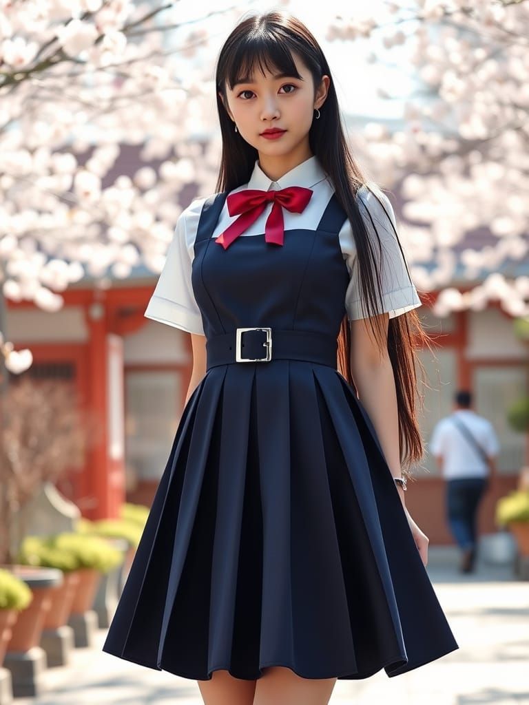 Kaori in Shrine Courtyard with Falling Cherry Blossoms