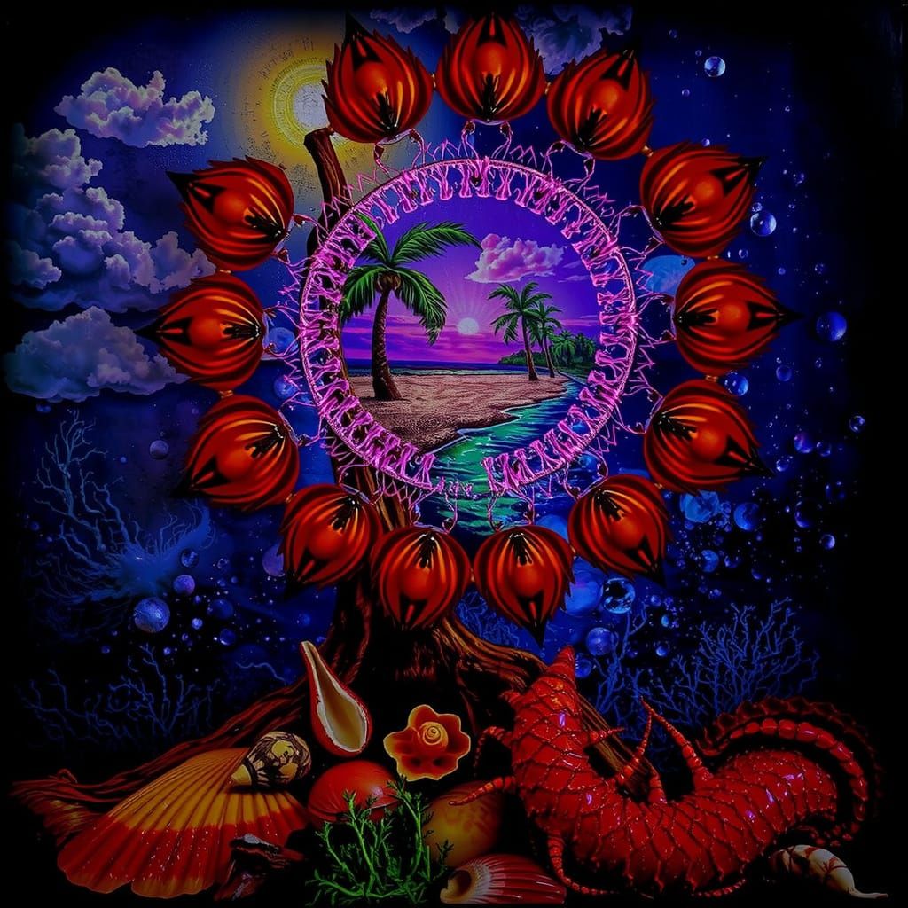 Hyperrealistic Beach Scene with Palm Trees and Ocean Waves