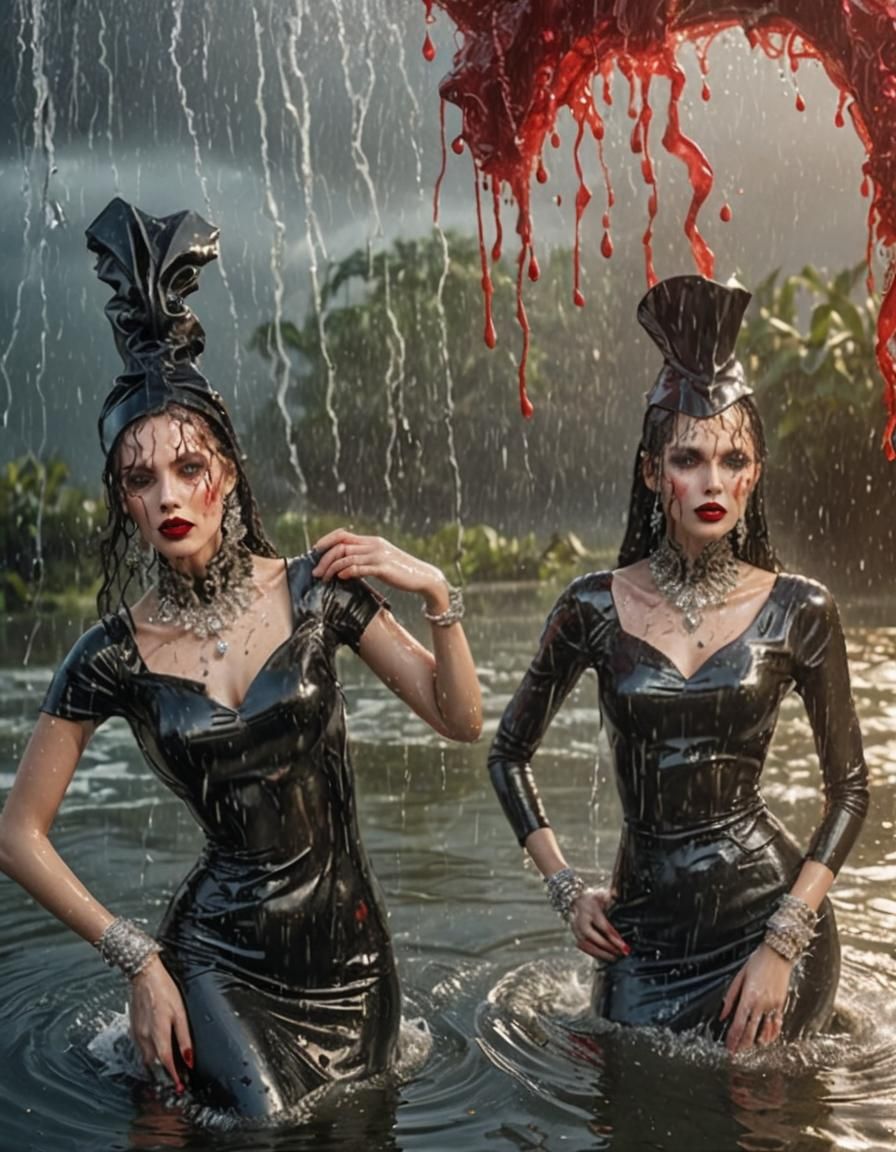 Glamorous Women in Latex Dresses Wading in Water