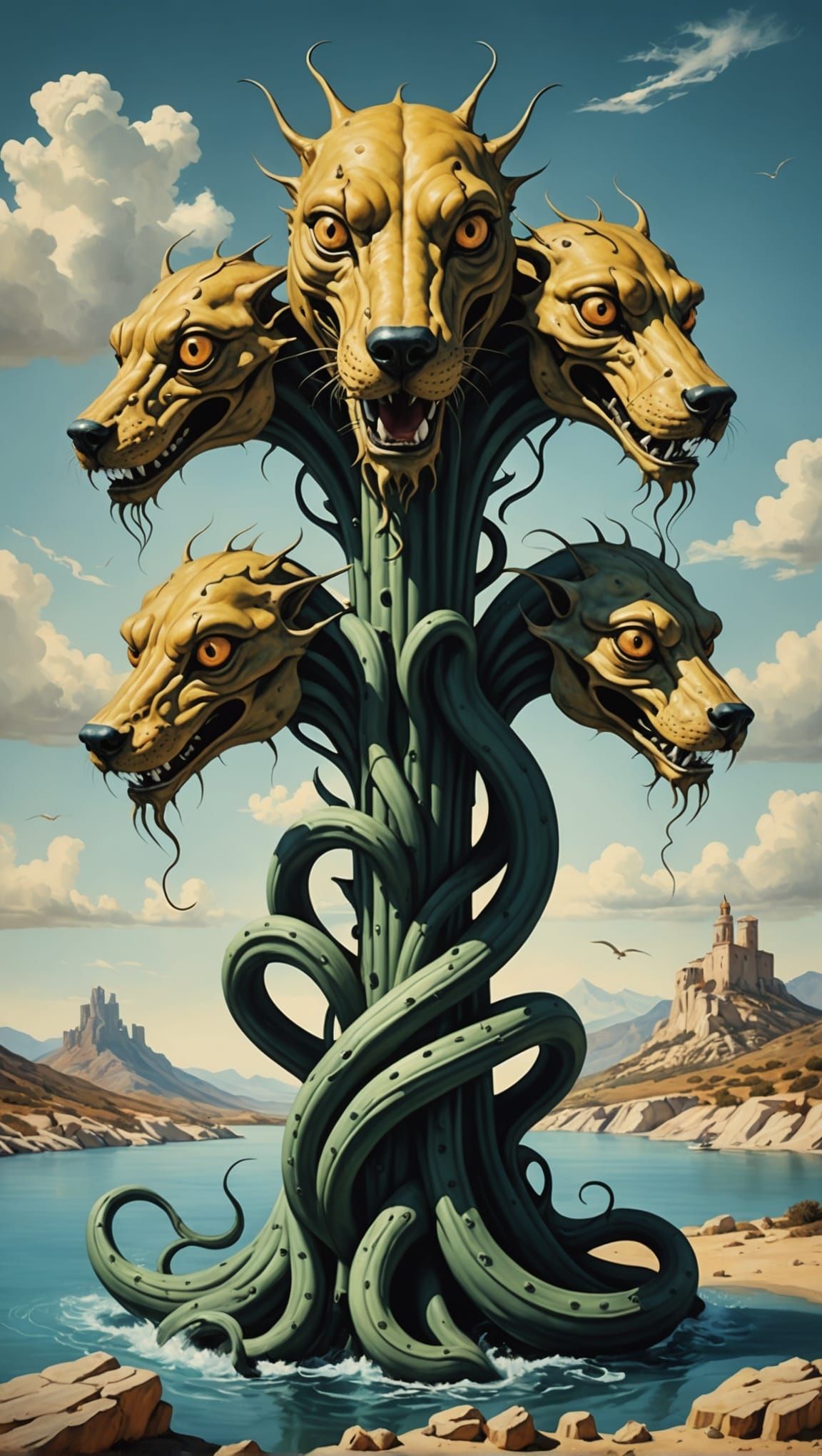 Surreal Three-Headed Dog Hydra in Dali Style