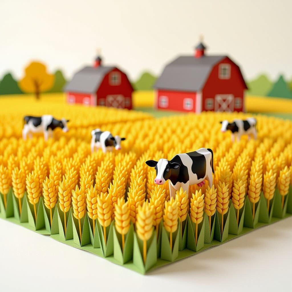 Origami Farm Scene with Golden Wheat Field