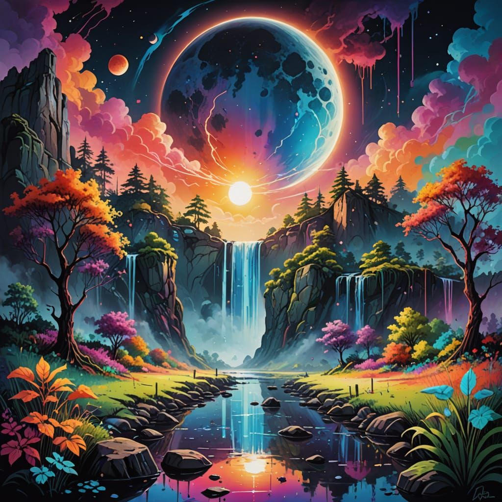 Lunar Eclipse Over Mystical Rainbow Landscape