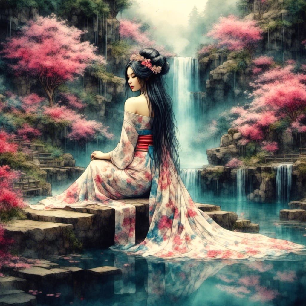Stunning Geisha in Tropical Utopia, Watercolor Style