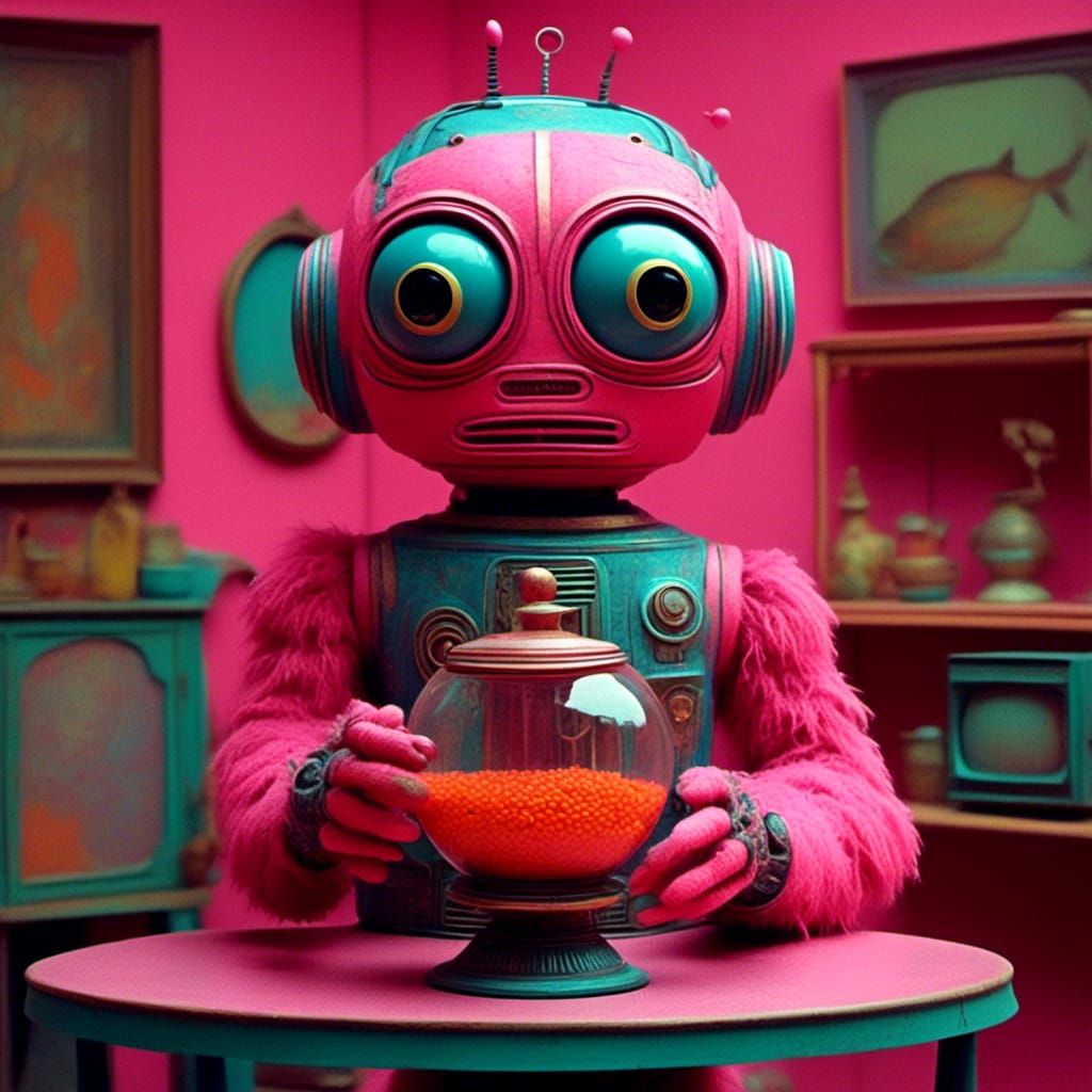 Cute Robot Holding a Fishbowl
