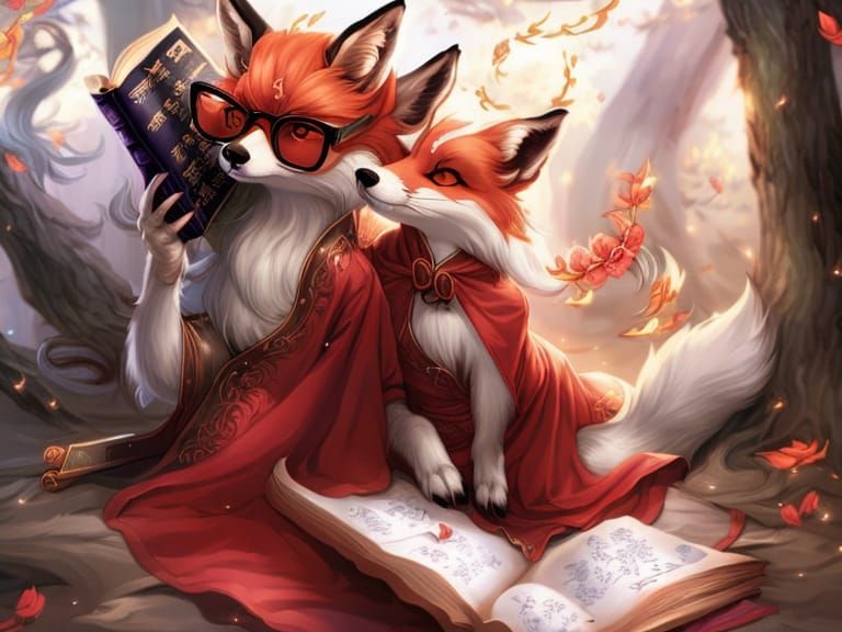 Fox Reading Magic Book in Digital Splash Art