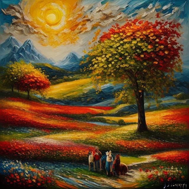 Family Portrait in Impasto Style with Warm Sunlight