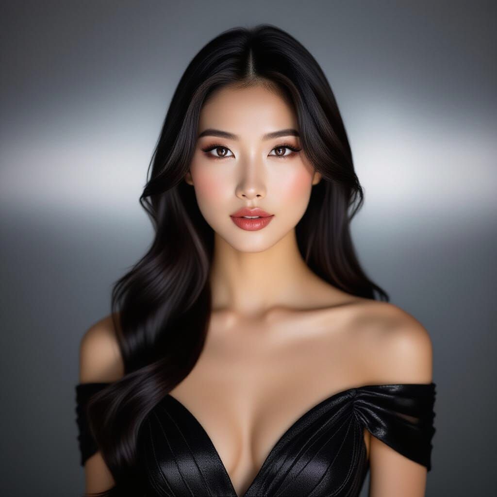 A dramatic studio portrait captures a young Asian woman with...