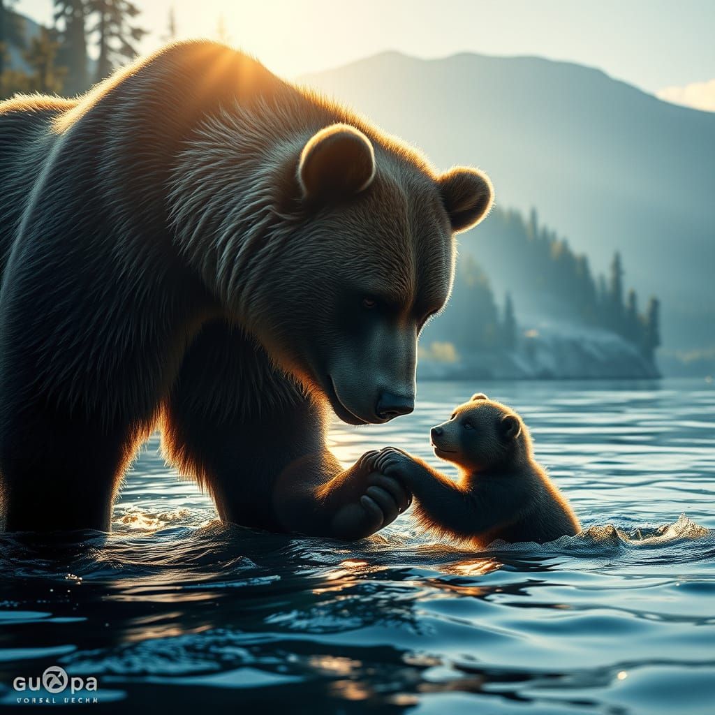 Majestic Bear and Cub in Serene River