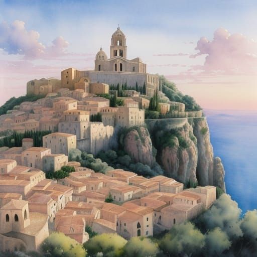 Sicilian Cathedral Cliffside in Dreamy Watercolor Style