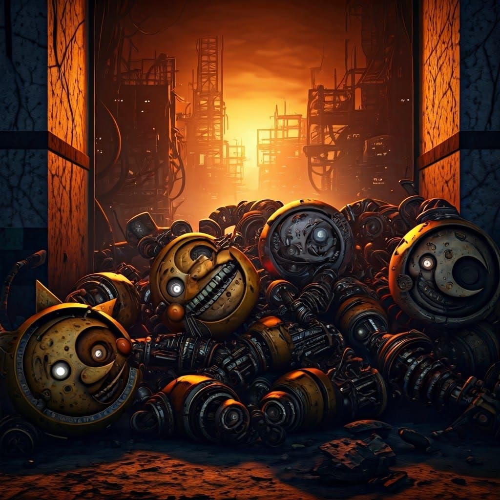 Ruined Sunrise and Moondrop in Sci-Fi FNAF Environment