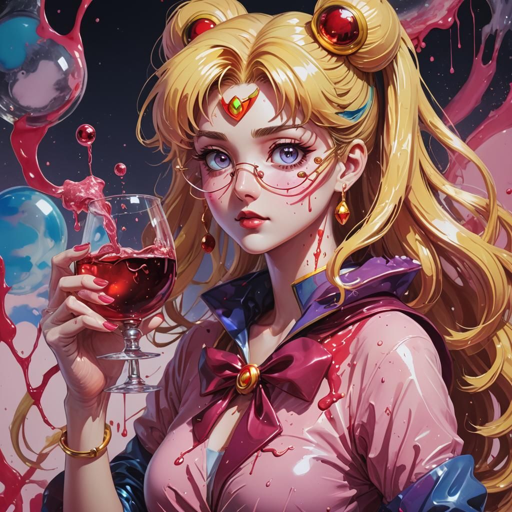 Sailor Moon with Wine in Vibrant Digital Art