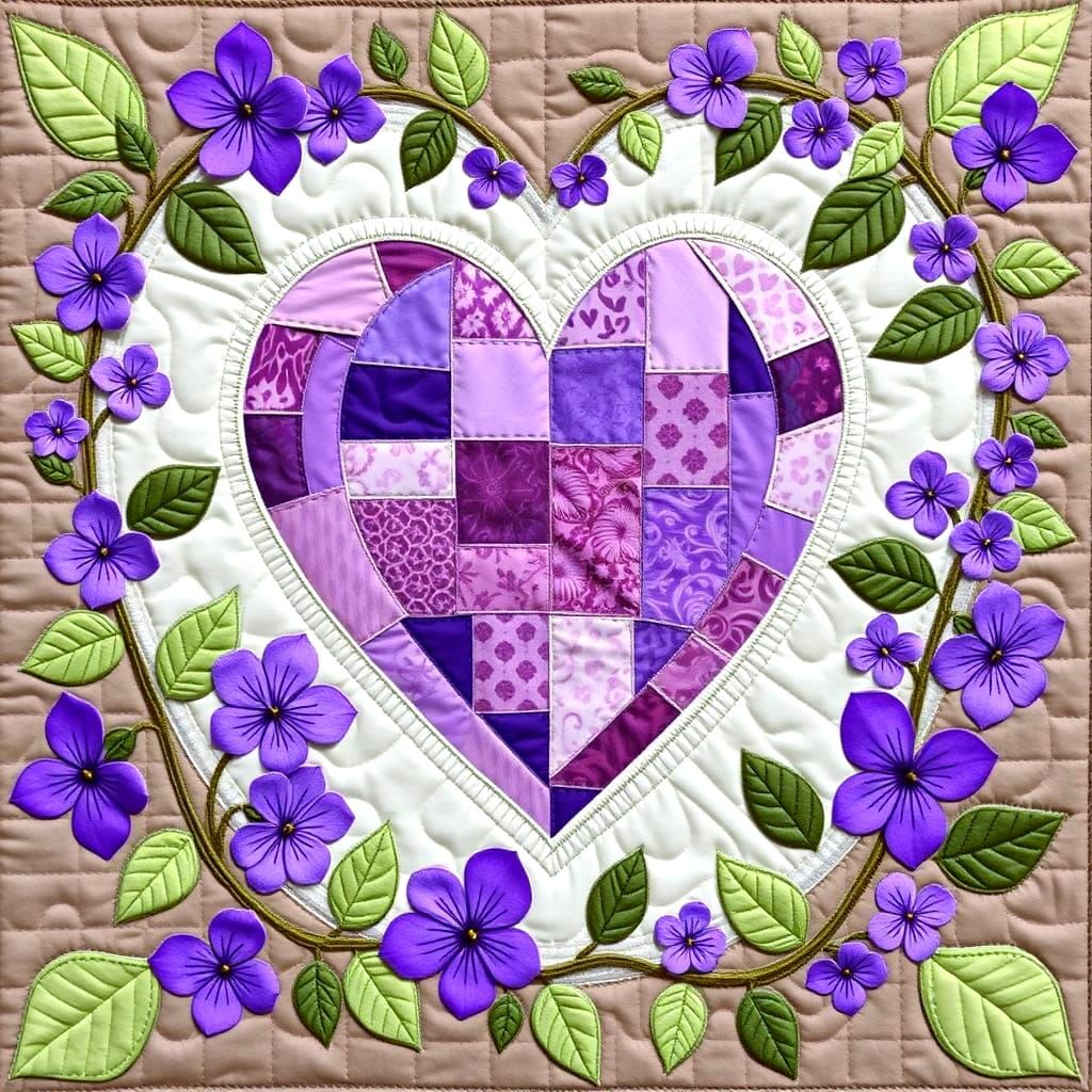 a patchwork artwork of a heart made of quilted fabric, surro...