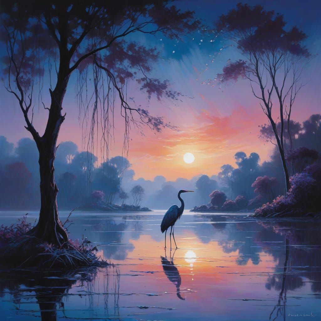 Surreal Twilight Scene of Enchanted Lake with Cosmic Reflect...