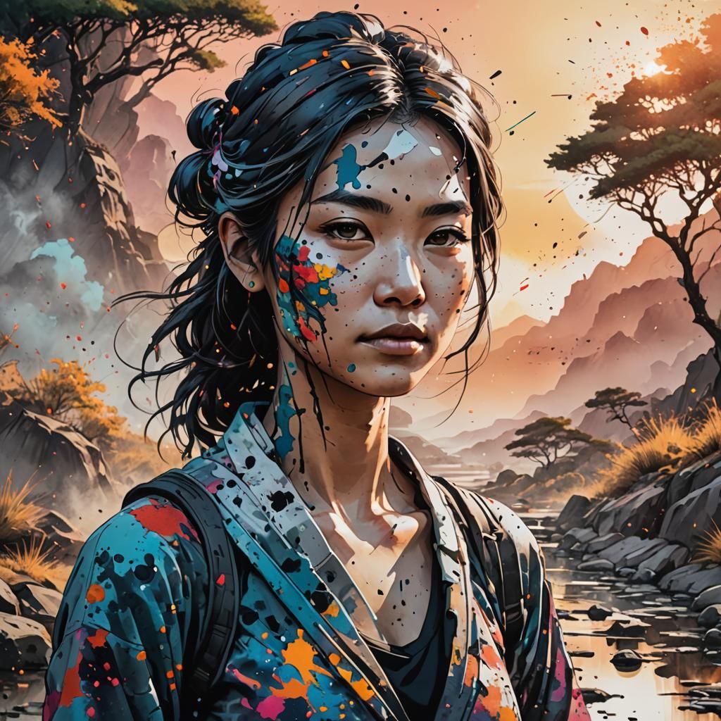 Ink Splatter Portrait in Zen Landscape